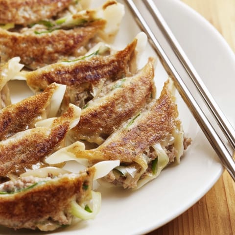 Pan-fried smashed gyozas with crispy edges and a tender pork and cabbage filling on a plate.  