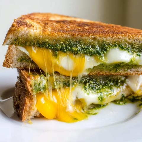 Two halves of a Spinach Pesto Grilled Cheese stacked on a plate, revealing a gooey cheese pull and fresh spinach pesto filling.