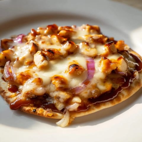 Golden-brown flatbread topped with tender grilled chicken, vibrant red onions, and bubbly mozzarella, served on a rustic wooden cutting board.