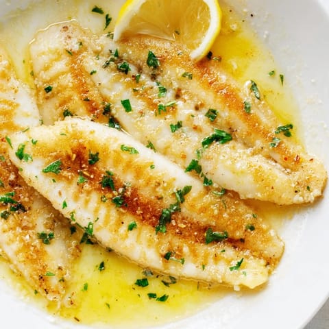 Freshly cooked flounder meunière, garnished with chopped parsley and lemon wedges, served alongside steamed green beans for a balanced weeknight meal.