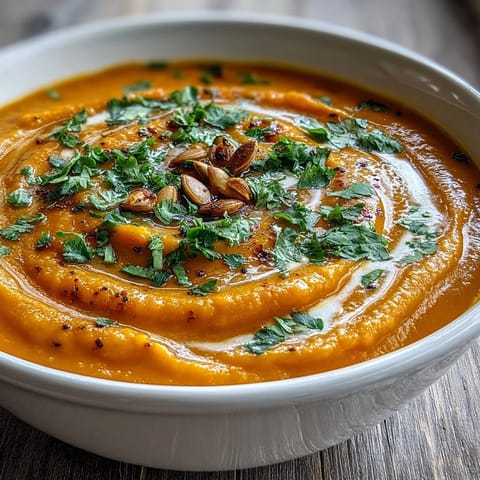 Close-up on a ladle serving vibrant orange Carrot Ginger Soup, highlighting its smooth, pureed texture alongside crusty artisan bread for dipping.
