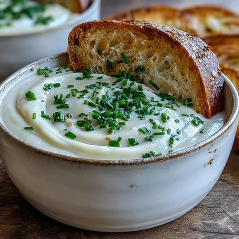 A close-up of blended Potato Leek Soup, showcasing its smooth, velvety texture in a rustic ceramic soup mug.