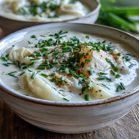 Creamy Potato Leek Soup in a rustic bowl garnished with fresh chives, ready to serve with crusty bread.
