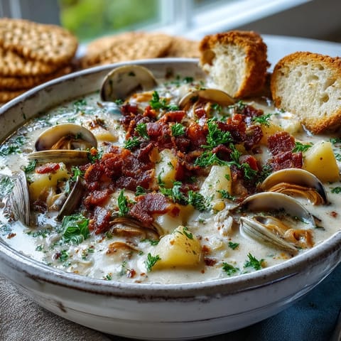 Hearty New England Clam Chowder simmering with diced potatoes, clams, and bacon, steaming in a ladle beside fresh parsley.