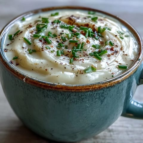 Velvety Cream of Potato Soup in a white bowl, garnished with shredded cheddar and parsley, served beside crusty bread.