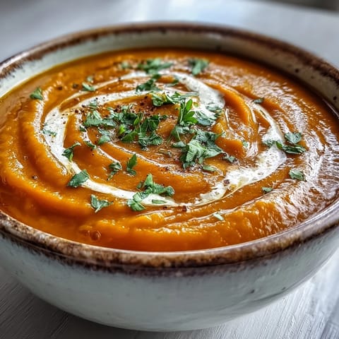 A warm bowl of Carrot and Lentil Soup topped with herbs, ready to serve with crusty bread.