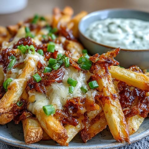 Hot Cheesy BBQ Fries with Ranch Dip are plated next to a bowl of creamy homemade dip.