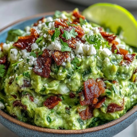 Smoky Bacon Guacamole With Cotija Cheese, a perfect appetizer for dipping.