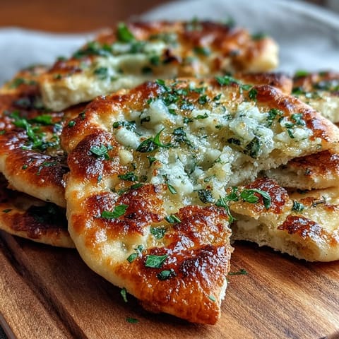 Warm, fluffy Easy Garlic Naan Bread stacked on a wooden board, ready to scoop up rich curry or serve alongside a hearty meal.