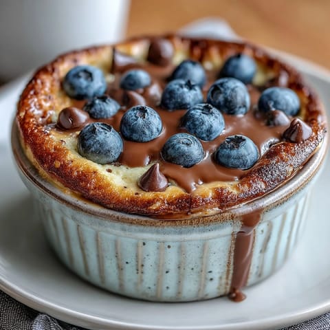 Golden Baked Protein Pancake Bowl with melted peanut butter drizzle and chopped nuts served warm in a ceramic dish.