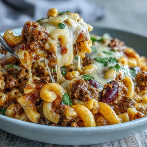 Creamy One-Pan High Protein Chili Mac with ground beef and melted cheddar, served steaming in a rustic bowl.