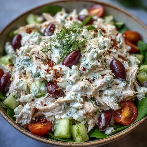 Spoons are ready to serve this chilled Tzatziki Chicken Salad, packed with red onion, feta crumbles, and bright Mediterranean flavors.