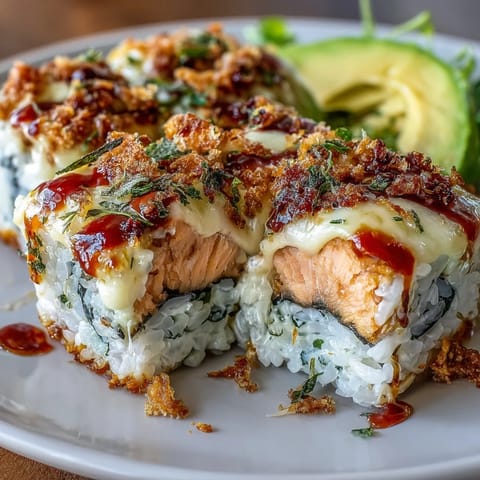 A close-up slice of Spicy Salmon Sushi Bake reveals layers of seasoned rice, flaked salmon, and melted mozzarella toppings.
