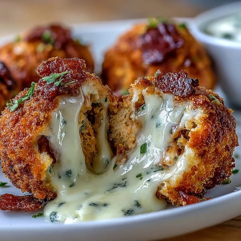 Golden fried panko-coated Buffalo Chicken Bacon Mozzarella Bombs are stacked high, revealing a gooey mozzarella pull and bacon flecks.