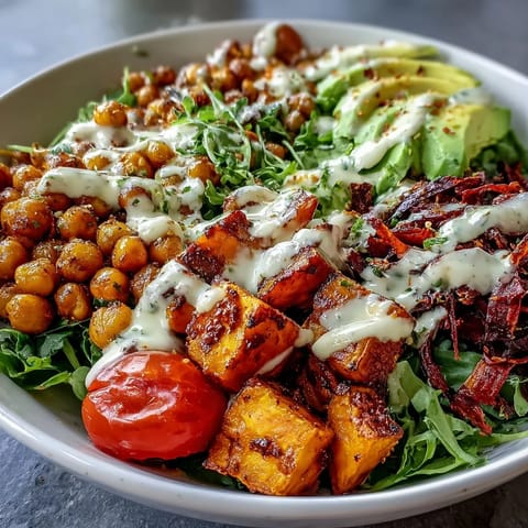 A close-up of Breakfast Buddha Bowl shows a creamy tahini drizzle over roasted sweet potatoes, crispy chickpeas, and sliced avocado.