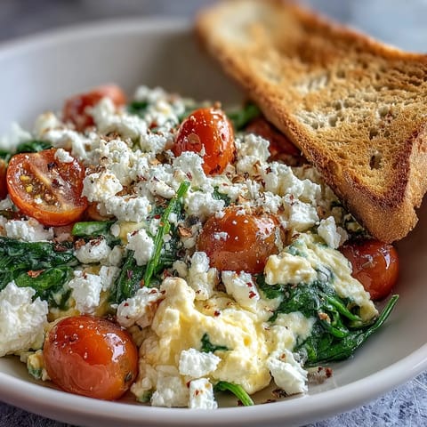 Fluffy scrambled eggs and sautéed spinach in a Spinach and Feta Breakfast Bowl, topped with creamy feta and juicy tomatoes.
