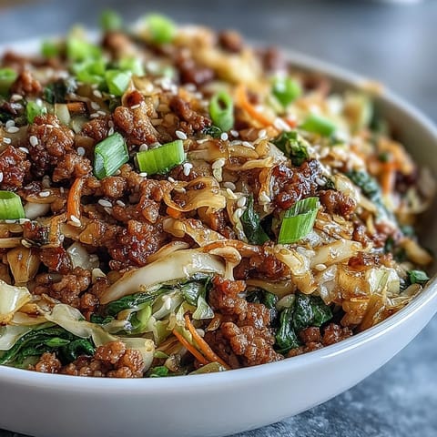 Close-up of an Egg Roll in a Bowl garnished with green onions and sesame seeds.