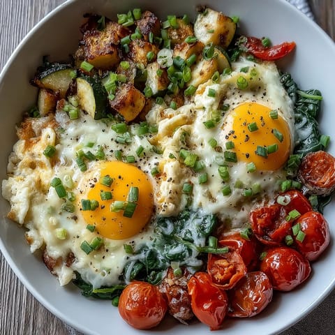 Top-down view of a hearty Scrambled Egg and Veggie Bowl filled with spinach, tomatoes, and zucchini.