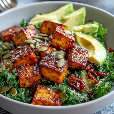 A colorful tofu breakfast bowl with golden cubes, sautéed kale, and creamy avocado slices, perfect for a healthy vegan start.  