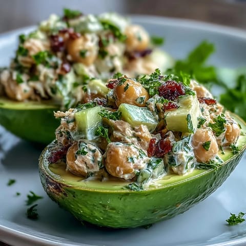 Fresh chickpea tuna salad stuffed into creamy avocado halves, topped with parsley and lemon wedges for a vibrant vegan lunch.
