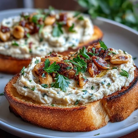 Rich, savory white bean spread blended with sweet roasted garlic, slathered over golden toasted sourdough for a satisfying appetizer.  