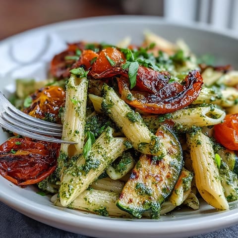 Roasted veggie and pesto pasta with cherry tomatoes served on a rustic plate with fresh basil.  