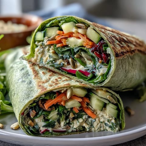 Colorful spring vegetable and hummus wraps with spinach tortillas, packed with fresh carrots, cucumbers, and bell peppers for a healthy meal.  