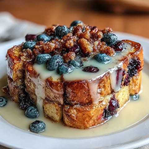 Blueberry sourdough French toast bake with golden custard-soaked bread and juicy berries, baked until perfectly crisp on top.