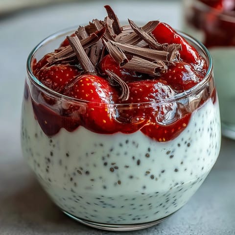 Creamy strawberry yogurt chia pudding topped with dark chocolate shavings and fresh berries for a healthy breakfast or dessert.
