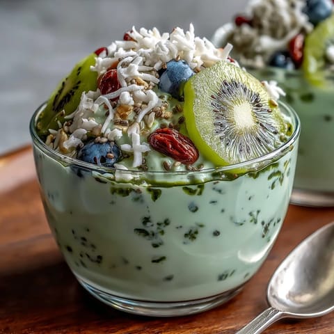 A vibrant bowl of matcha overnight oats topped with fresh kiwi, banana slices, and shredded coconut for a refreshing breakfast.