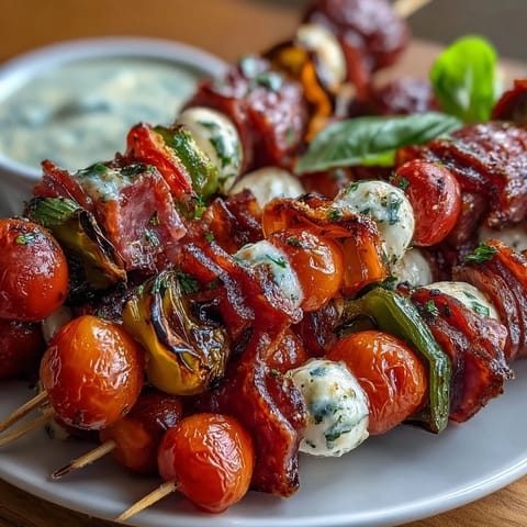 Picnic-Ready Italian Sub Skewers with Homemade Aioli served on a rustic platter with creamy dipping sauce.