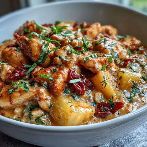 A vibrant one-pot chicken pineapple coconut curry with tender chicken, sweet pineapple, and creamy coconut milk, served over jasmine rice.