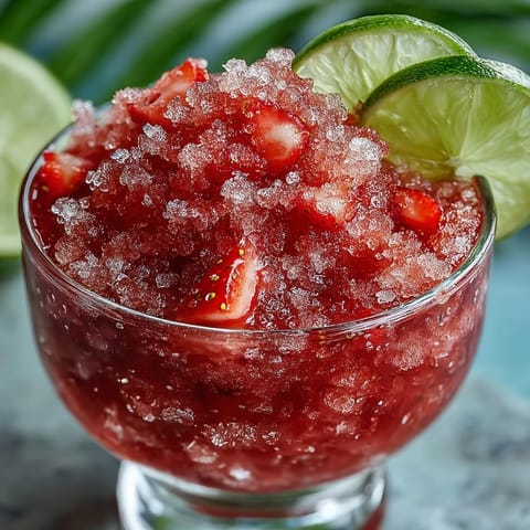 Icy strawberry daiquiri slushies with bright lime flavor, perfect for cooling off on a hot summer day.  
