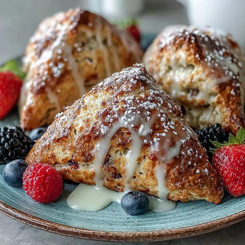 Golden lemon glazed strawberry scones with fresh berries on a rustic wooden board, perfect for breakfast or brunch.
