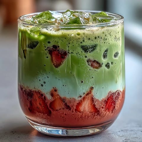 Iced strawberry matcha latte with vanilla sweet cream, a vibrant layered drink with fresh strawberry puree, creamy vanilla, and earthy matcha.