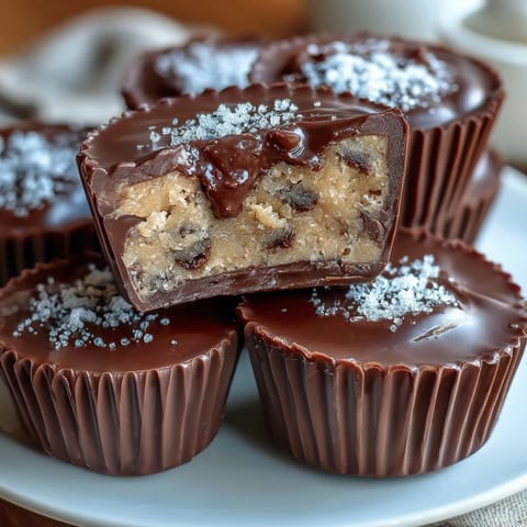 Decadent homemade peanut butter cups with a creamy peanut butter layer and indulgent chocolate chip cookie dough center.