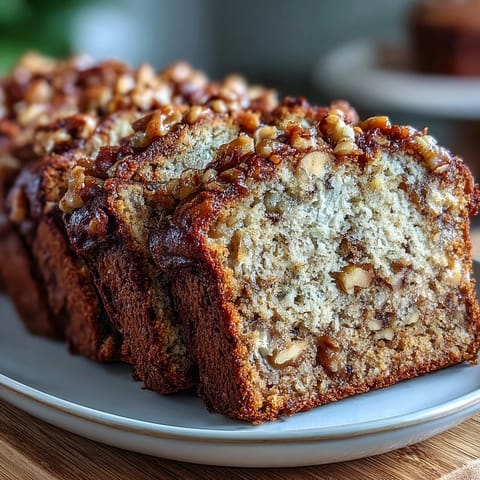 Warm loaf of banana bread made with sourdough discard, toasted walnuts, and a crisp brown sugar topping straight from the oven.  