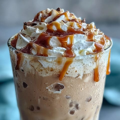 A creamy, blended Iced Vanilla Bean Frappuccino topped with whipped cream and rich caramel drizzle, perfect for cooling off on hot days.
