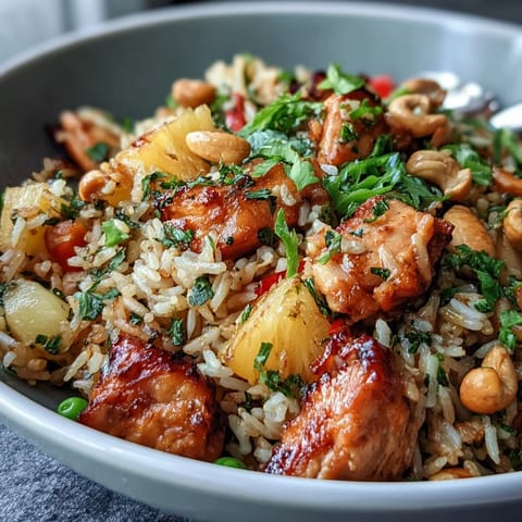 A colorful bowl of pineapple chicken fried rice topped with roasted cashews and fresh green onions.  