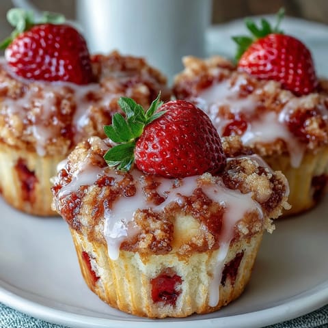 Fluffy strawberry muffins bursting with fresh fruit and drizzled with zesty lemon glaze for extra flavor.  