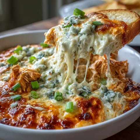 Creamy cottage cheese buffalo chicken dip with shredded chicken and melted cheese, served hot and bubbling from the oven.  