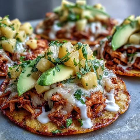 Colorful chicken pineapple salsa tostadas with crispy shells, juicy shredded chicken, fresh pineapple salsa, and creamy avocado slices.