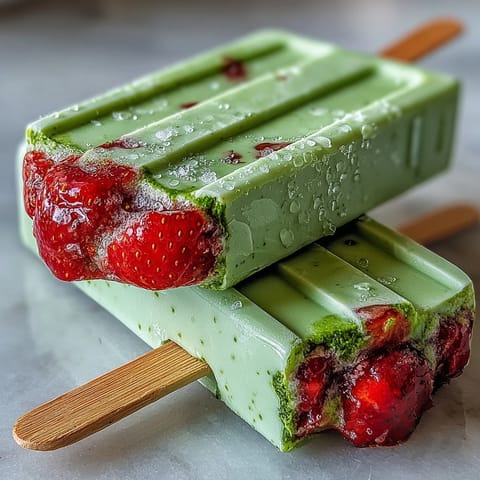 Creamy Strawberry Matcha Latte Popsicles with vibrant red and green layers, perfect for a refreshing summer dessert.  