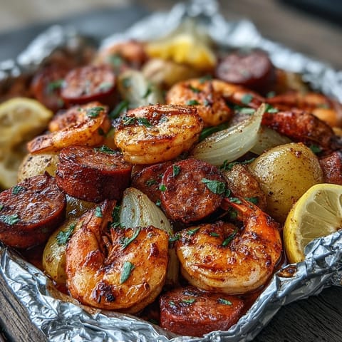 Mess-free grilled seafood packets filled with crawfish, shrimp, sweet corn, and baby potatoes, seasoned with bold Cajun spices and fresh lemon.  