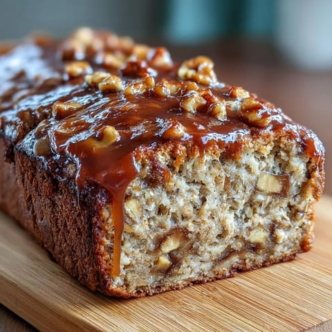 High-protein banana bread baked oats in a square dish, golden brown and moist, topped with sliced bananas and walnuts.