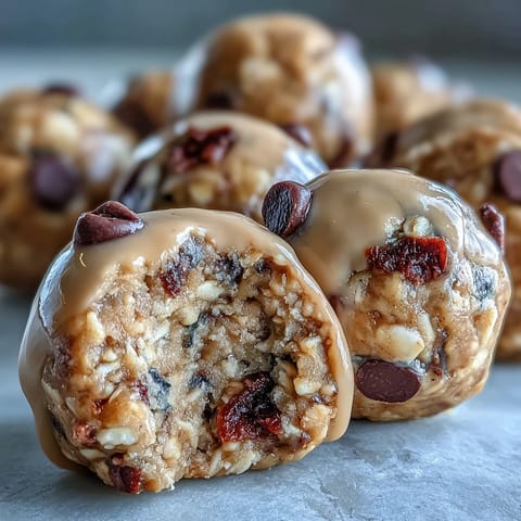 No-bake peanut butter energy balls with dark chocolate chips, perfect for a quick and healthy treat on the go.  