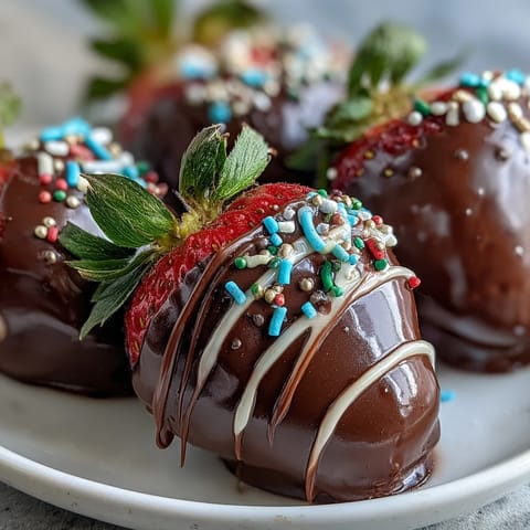 Festive Easter strawberries dipped in rich dark chocolate and decorated with bright, colorful sprinkles for a sweet holiday treat.