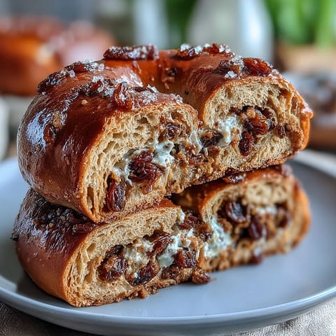 Golden-brown high-protein bagels with Greek yogurt, filled with juicy raisins and warm cinnamon spice, ideal for meal prep.  