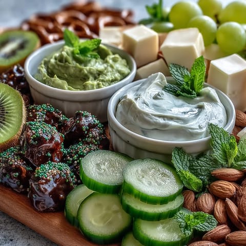 Festive St. Patricks Day Treats Board featuring green grapes, kiwi, and mint candies arranged artfully for a vibrant celebration.  