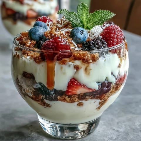 Build your own yogurt parfait bar featuring creamy Greek yogurt, vibrant fresh berries, and crunchy granola for a festive Mothers Day brunch.  